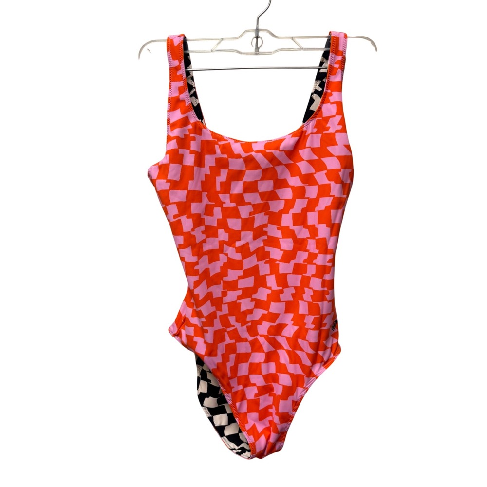 NWT‎ Roxy Women Reversible One Piece Swimsuit Orange Pink Black Checkerboard Sm - Picture 8 of 10